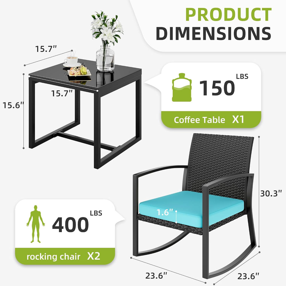 3 Pieces Outdoor Patio Set -Wicker Rattan Chair Conversation Set with Glass T...