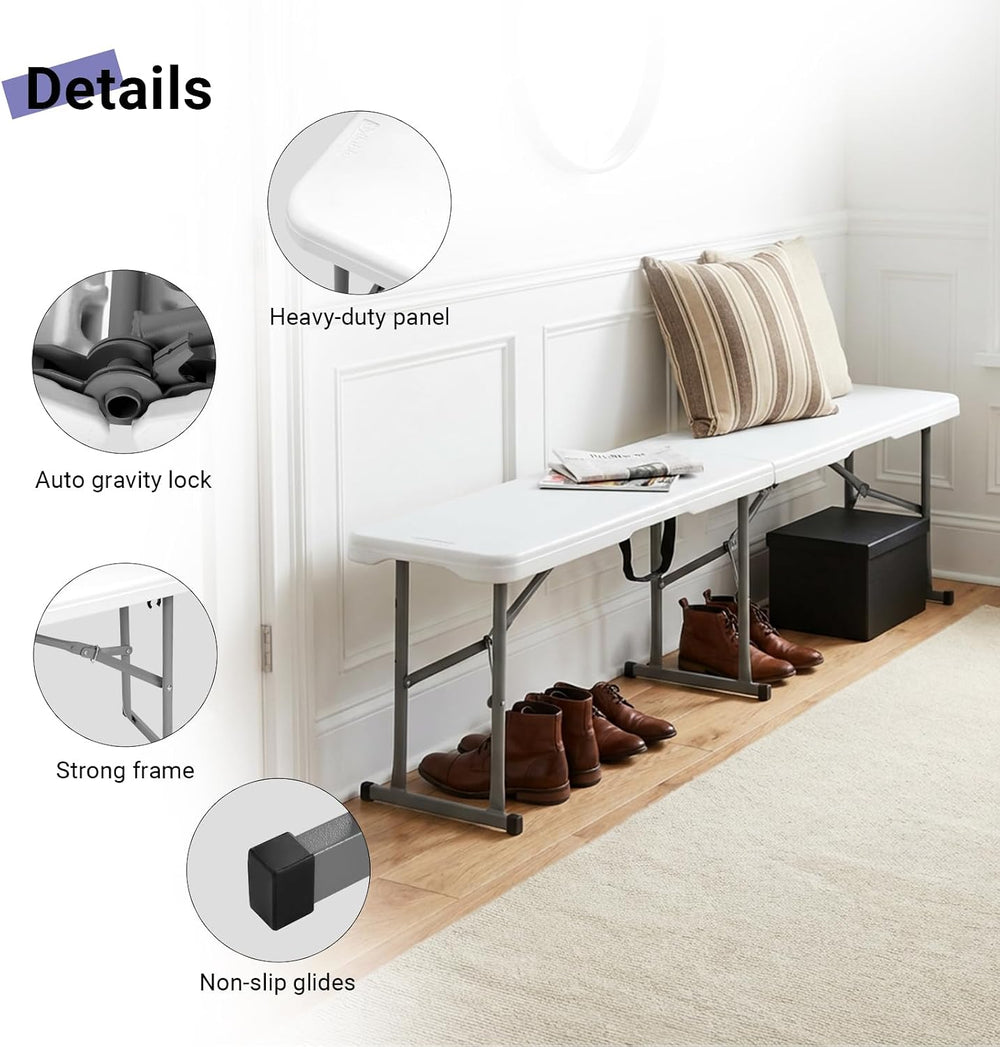Byliable Folding Bench 6ft,Portable Plastic Bench Seat with Handle,White