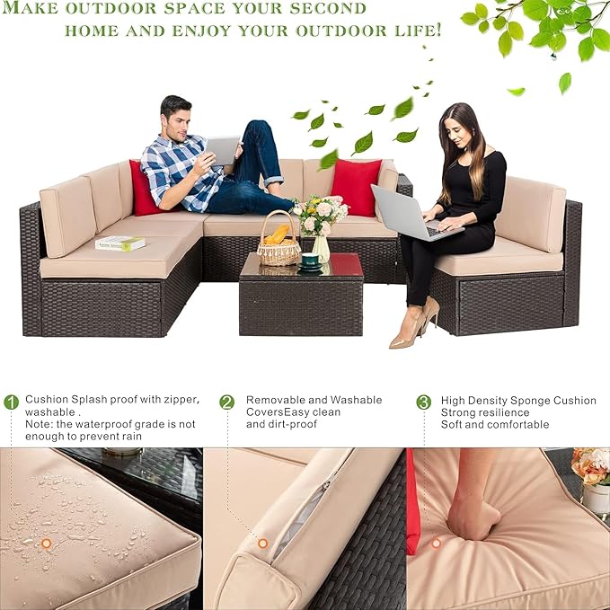 Vongrasig 7 Pieces Patio Furniture Sets, Outdoor Patio Conversation Set PE Ra...