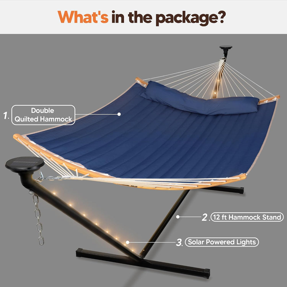Outdoor Hammock with 12 ft Stand, Solar Powered Lights, Dark Blue