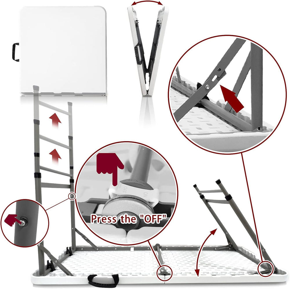4FT Folding Utility Table, Height Adjustable, Fold-in-Half with Handle