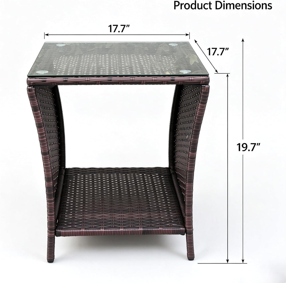 Outdoor Wicker Rattan Side Table, 2-Tier Storage, Glass Top, 105LBS