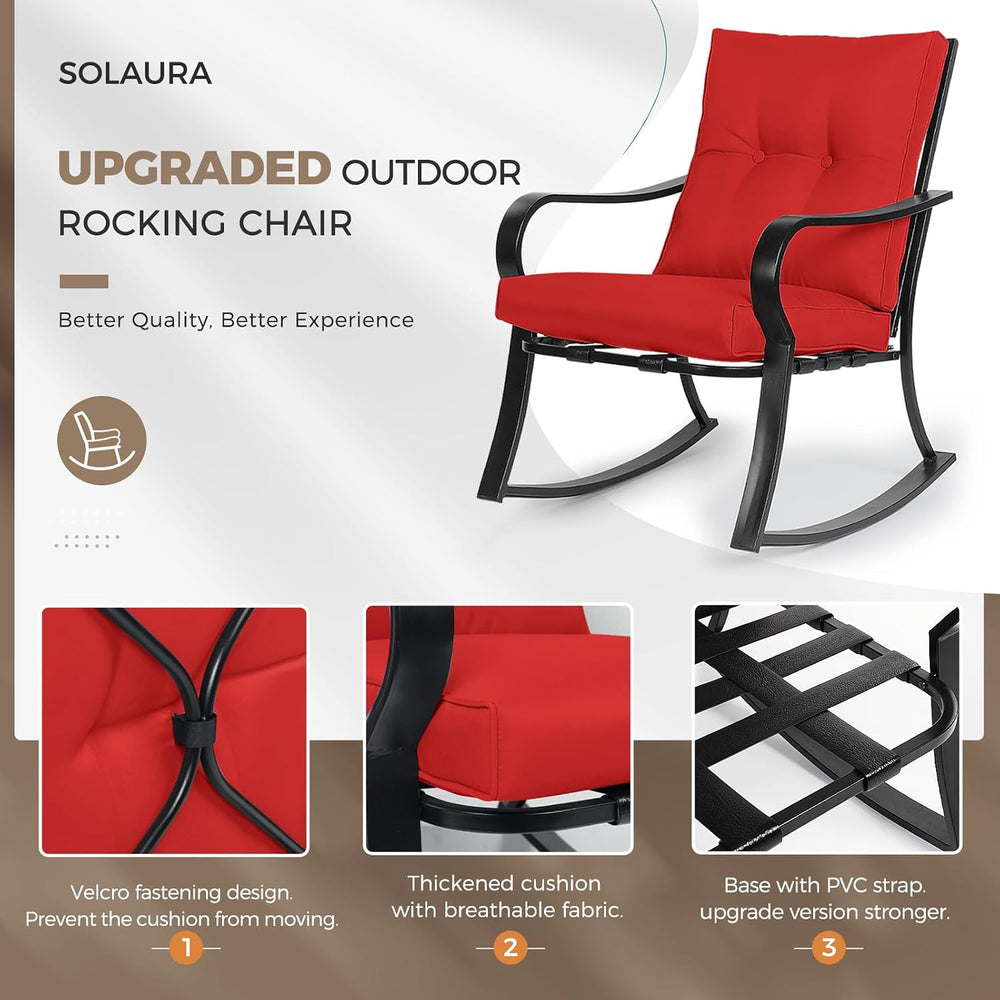 SOLAURA 3-Piece Outdoor Rocking Chairs Bistro Set, Black Iron Patio Furniture...