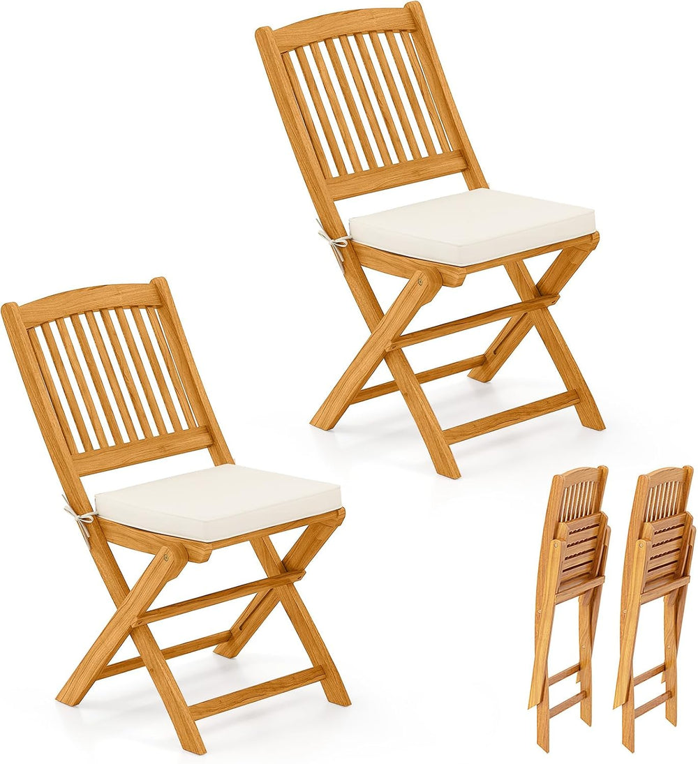 Tangkula 2 Pieces Folding Outdoor Dining Chairs, Acacia Wood Patio Chairs wit...