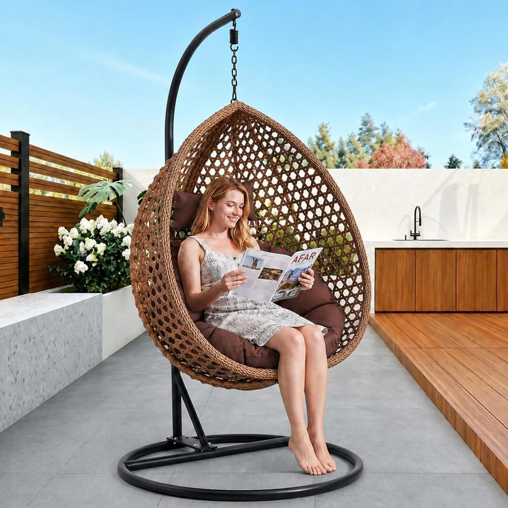 Brown Egg Swing Chair with Stand,Hanging Egg Chair Indoor Outdoor with Cushio...