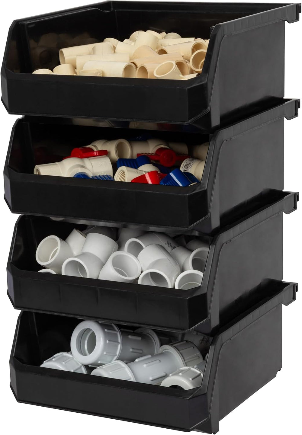 Medium-Wide Stackable Plastic Storage Bins, 4-Pack, Black