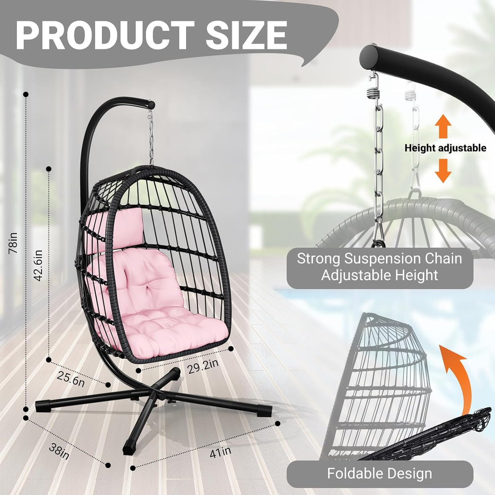 Hanging Egg Chair with Stand, Patio Rattan Wicker Swing Chair, Oversized Hamm...
