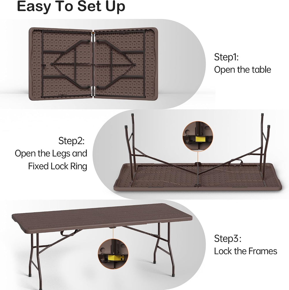 VSOAEIL 6 Foot Folding Table 2 Pack, 6 FT Foldable Plastic Table Heavy Duty