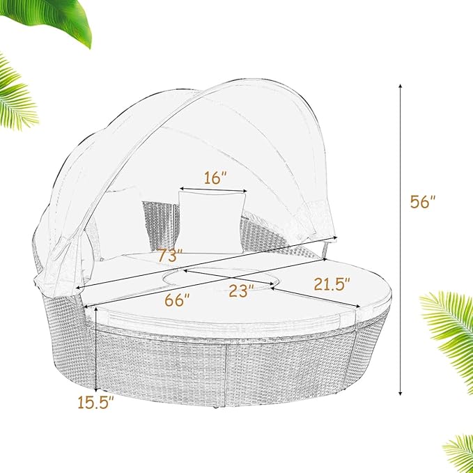 Tangkula Patio Round Daybed with Retractable Canopy, Outdoor Wicker Rattan Fu...