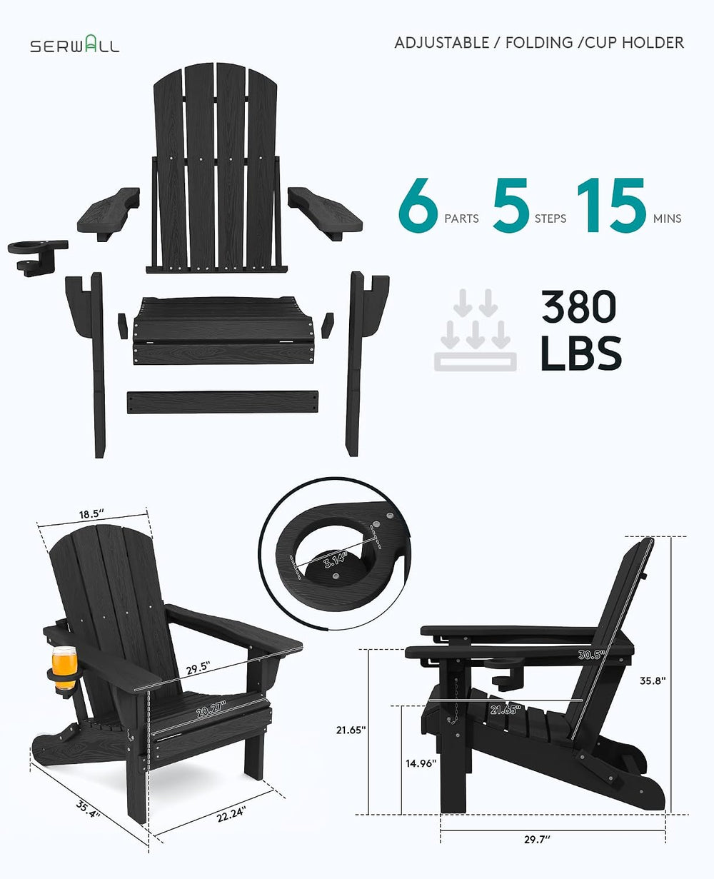 SERWALL Folding Adjustable Adirondack Chair with Cup Holder, Black