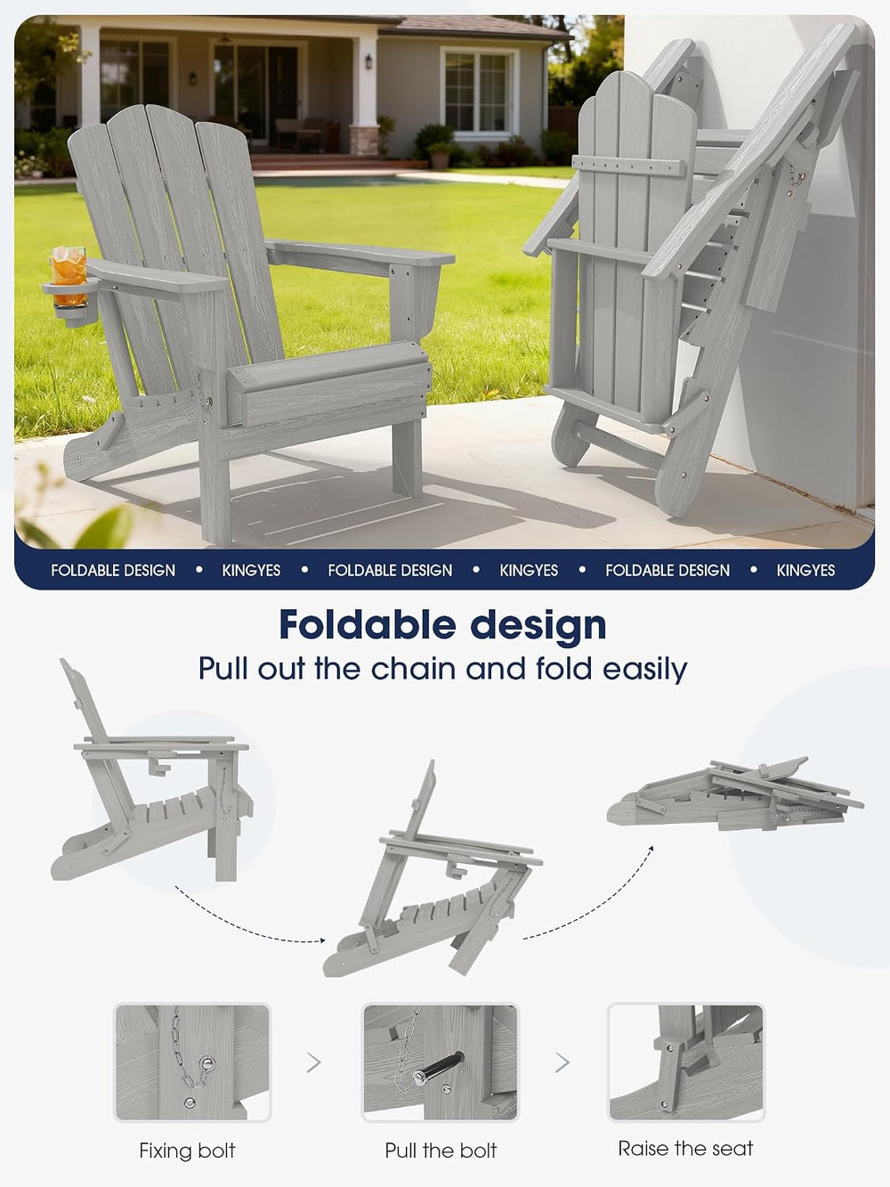 KINGYES Folding Adirondack Chair Set of 2 with Cup Holder, Silver Grey