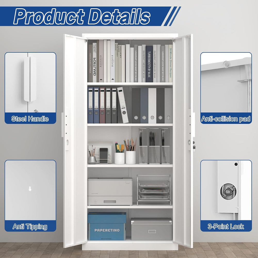 White Metal Storage Cabinet with Doors and Shelves, 71" Tall Metal Garag...