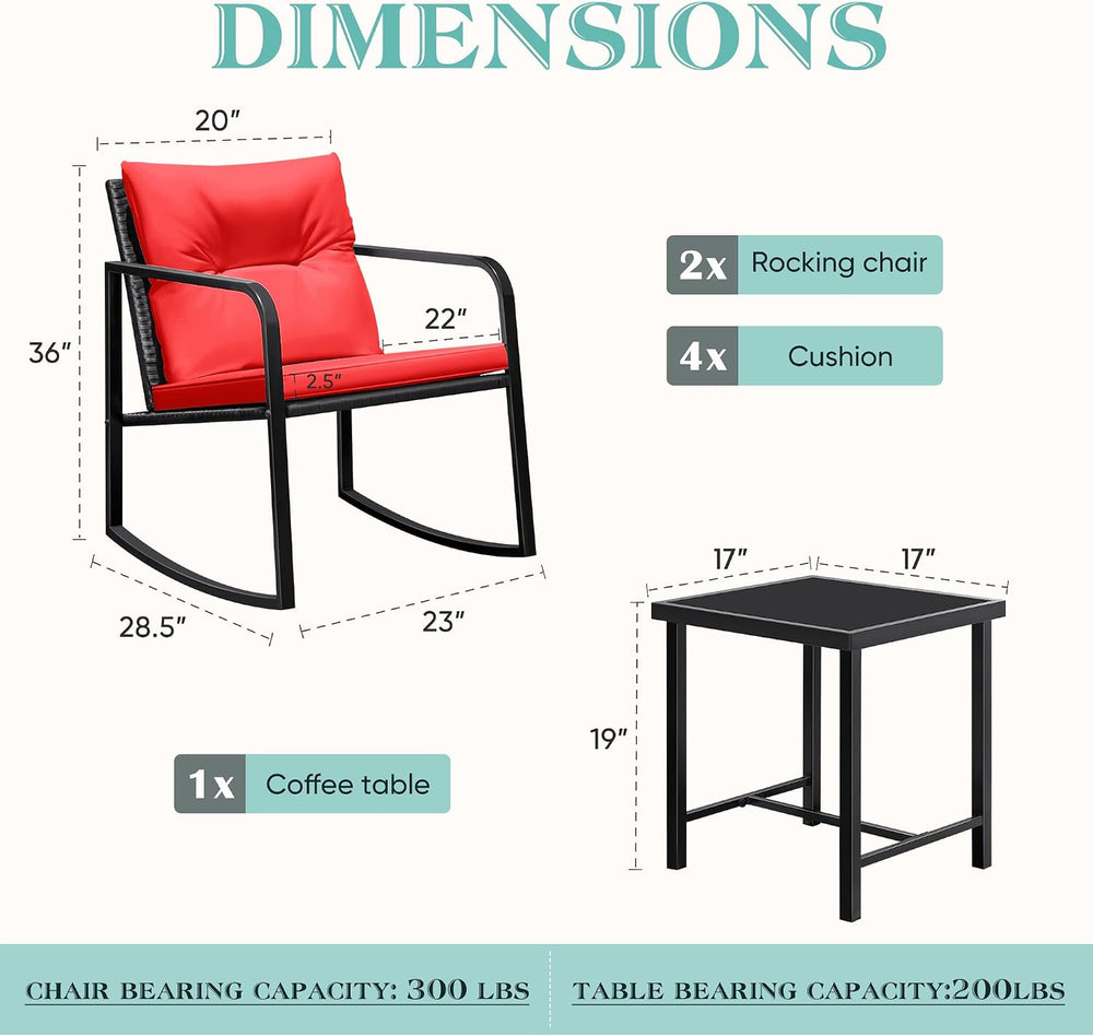 Greesum 3 Pieces Rocking Wicker Bistro Set,Patio Conversation Sets,Red