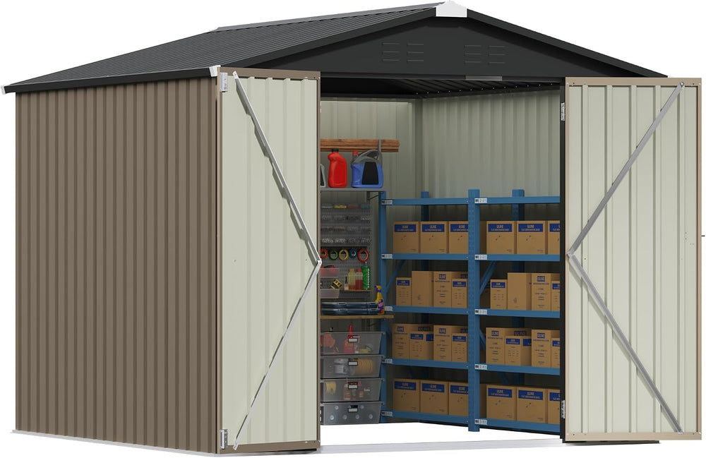 Patiowell 8x8 FT Storage Shed, Outdoor Metal Sheds, Brown