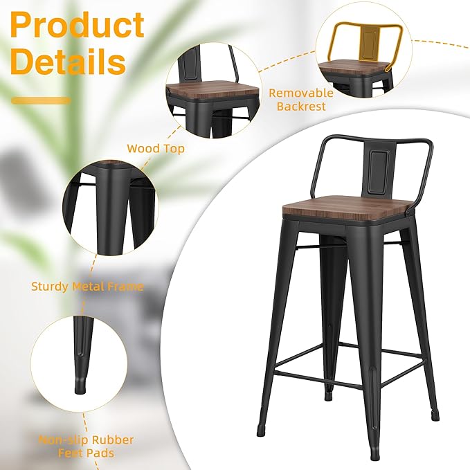 Yongchuang 24" Metal Barstools Set of 4 Counter Bar Stools with Wood Top...
