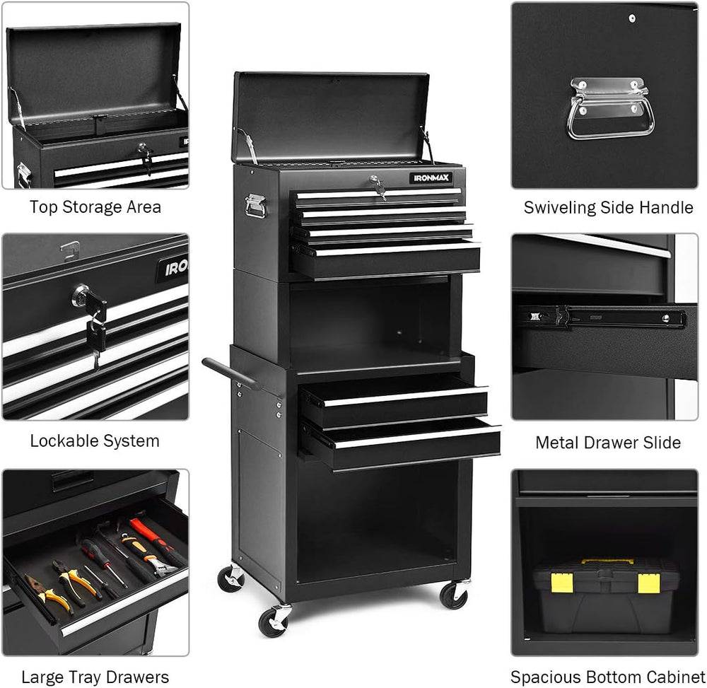 Goplus Tool Chest, 3-in-1 Rolling 6 Drawers Tool Cabinet with Detachable Top ...