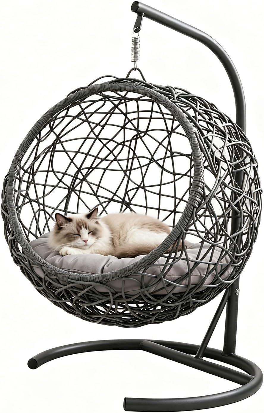 Hanging Cat Swing Bed with Stand, Rattan Egg Chair for Cats