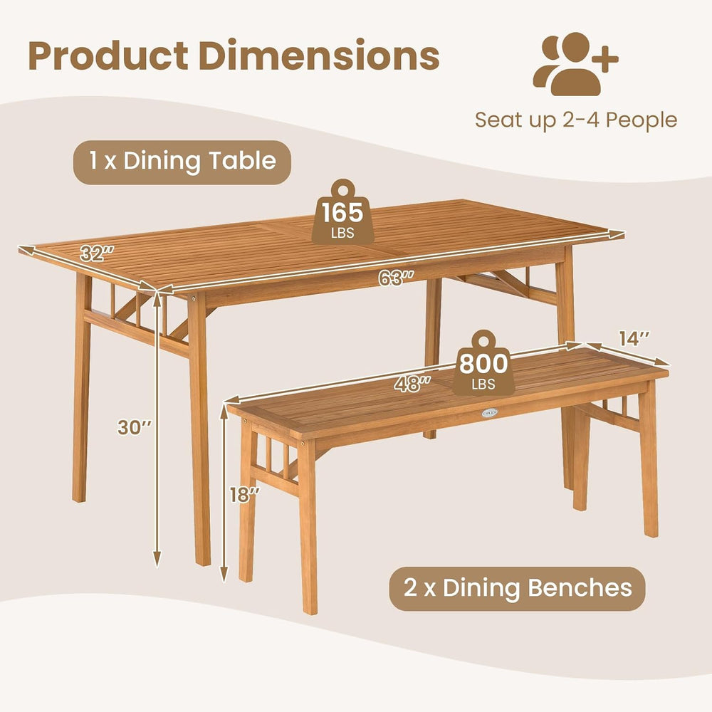 Tangkula 3 Pieces Patio Dining Set, Acacia Wood Space Saving Outdoor Rectangu...