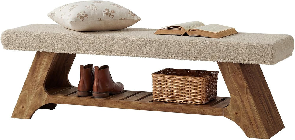 Tribesigns 55" Solid Wood Bench with Cushion, Upholstered Entryway Bench