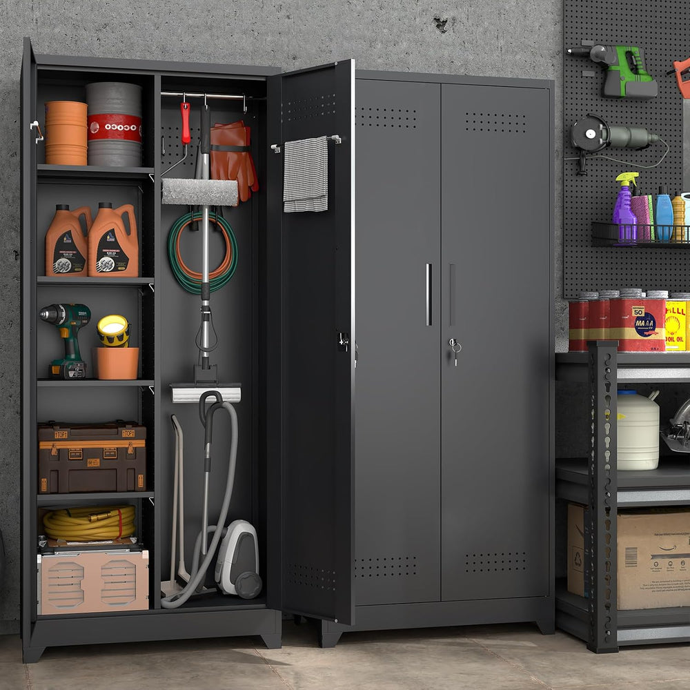 72" Tall Broom Closet Storage Cabinet, Metal Garage Storage Cabinet, Black