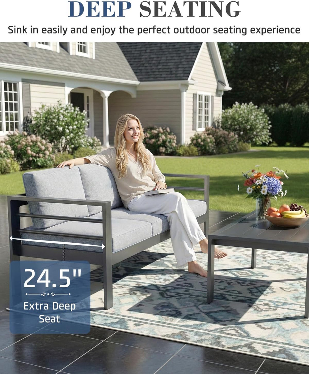 AECOJOY 7 Pieces Aluminum Outdoor Patio Furniture Set, 9 Seats, Light Gray