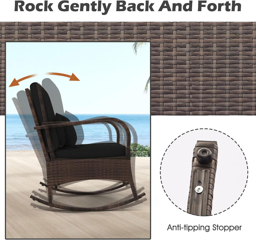 ORALNER 3 Pieces Outdoor Wicker Rocking Chair, Patio Furniture Set (Black)