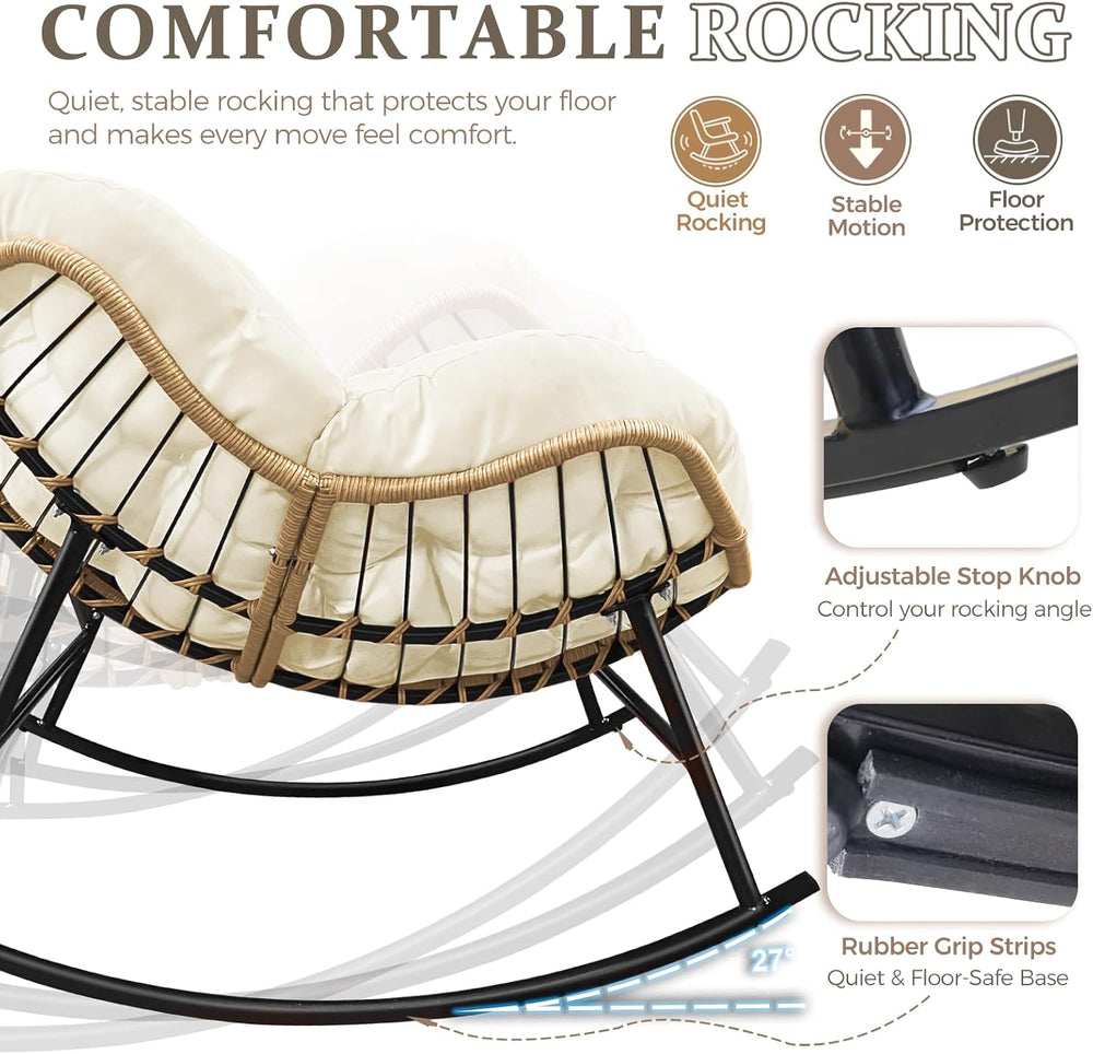 FINCATI Outdoor Indoor Papasan Rocking Chair, Oversized Rattan Lounge Chair