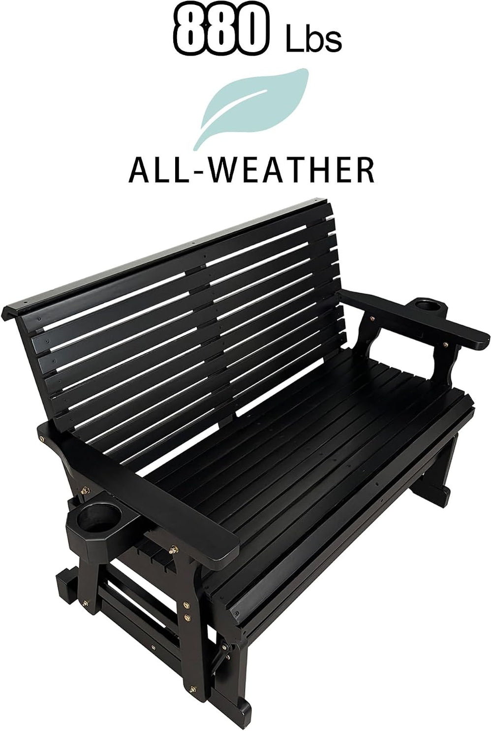 Fortune Candy Patio Glider with Cup Holders, Matte Black, 2-Seater
