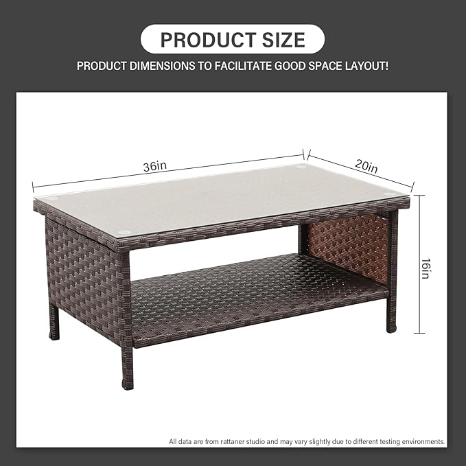 Outdoor Wicker Coffee Table Patio Furniture Garden Rattan 2-Layer Glass Table...