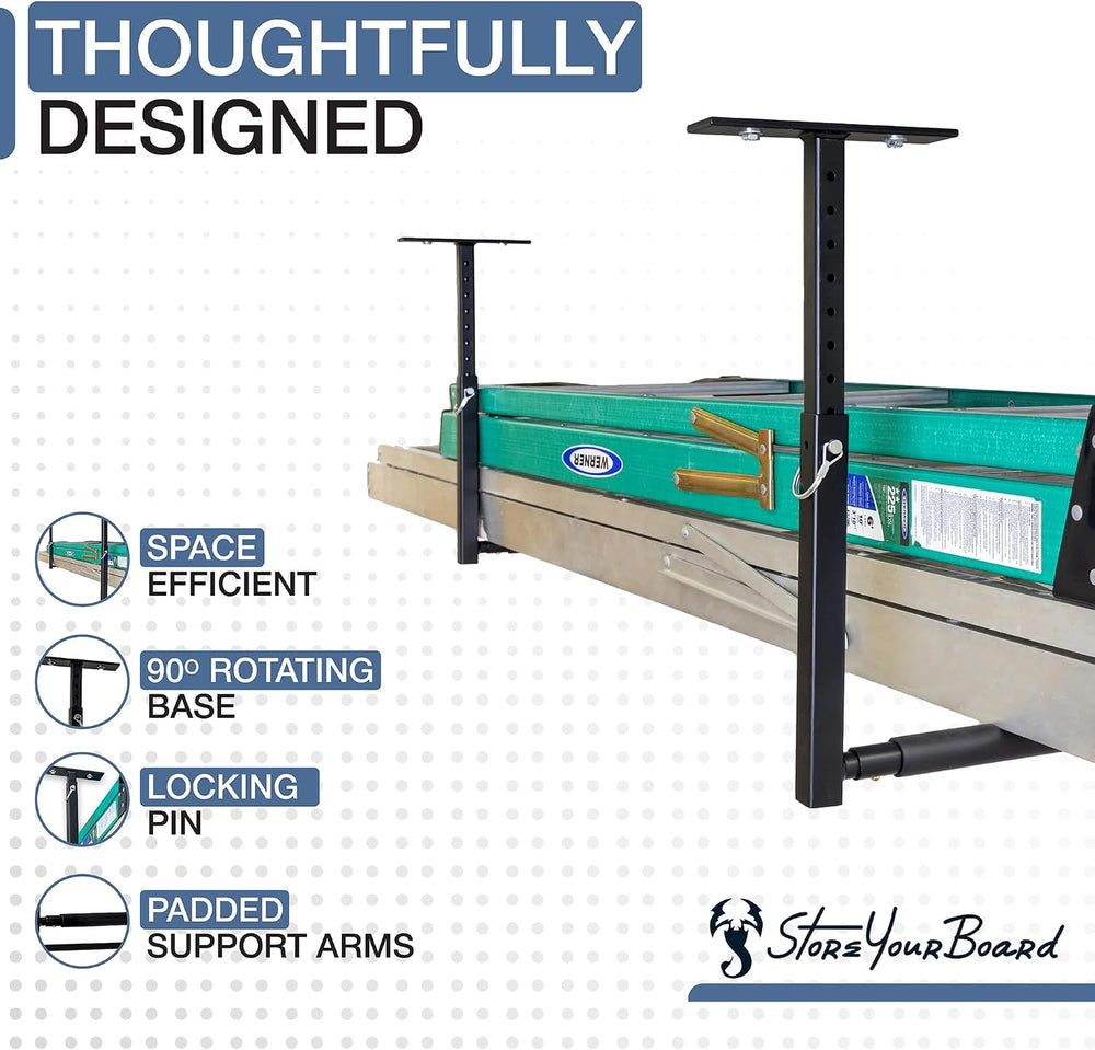 StoreYourBoard Adjustable Overhead Ladder Rack – Garage Organizer Ladder Shel...