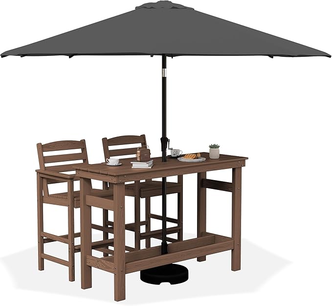 SERWALL Outdoor Bar Set with 9ft Umbrella, All-Weather HDPE Patio Bar Chairs ...