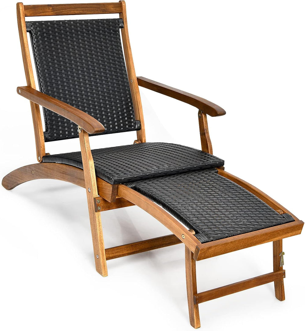 COSTWAY Patio Folding Rattan Lounge Chair, Acacia Solid Wood Frame