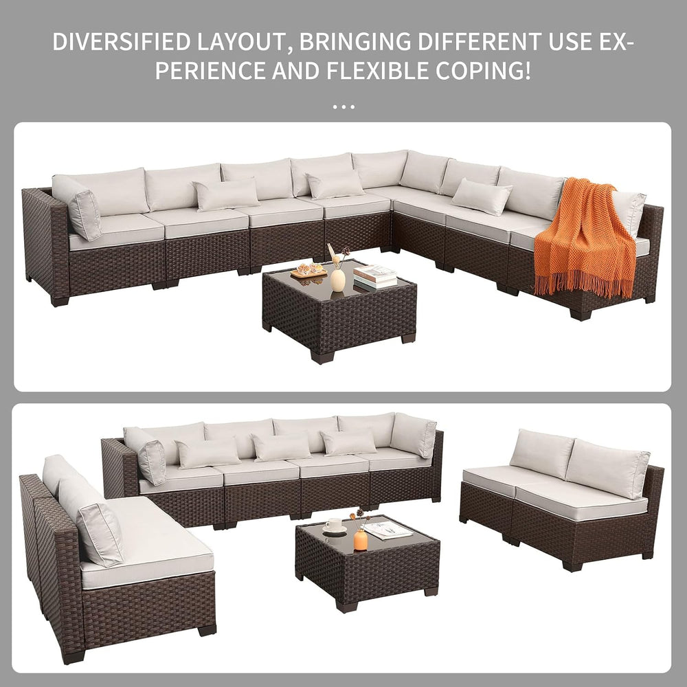 Rattaner 9 Pieces Outdoor Sectional All-Weather HDPE Brown Wicker Patio Furni...