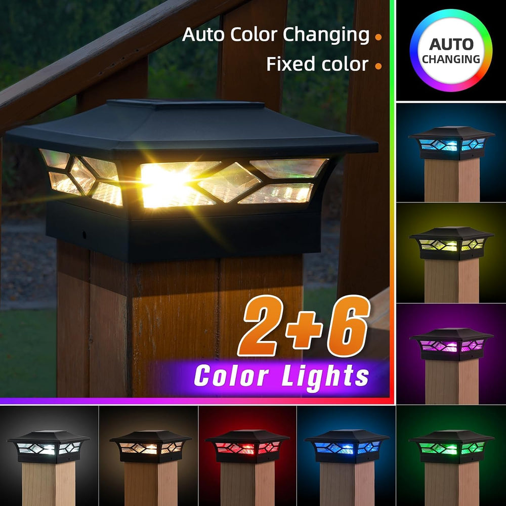 APONUO 6 Pack Solar Post Cap Lights Color Changing for 4x4/5x5/6x6 Posts