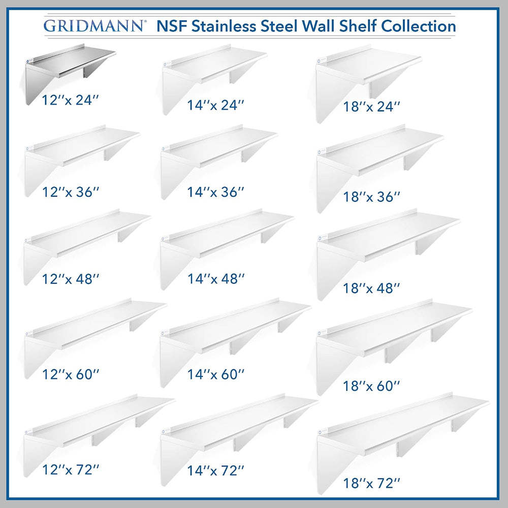 GRIDMANN 12" x 24" Stainless Steel Wall Mount Shelf with Backsplash...