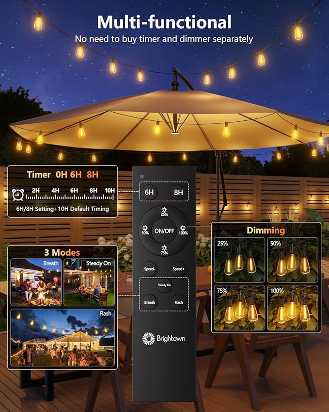 Brightown 100FT Solar String Lights Outdoor Waterproof with Remote, 31+2 LED ...