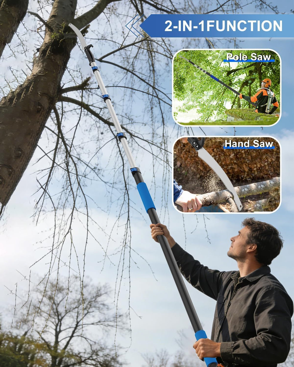 18FT Reach Manual Pole Saws for Tree Trimming with 3-12FT Telescoping Extensi...