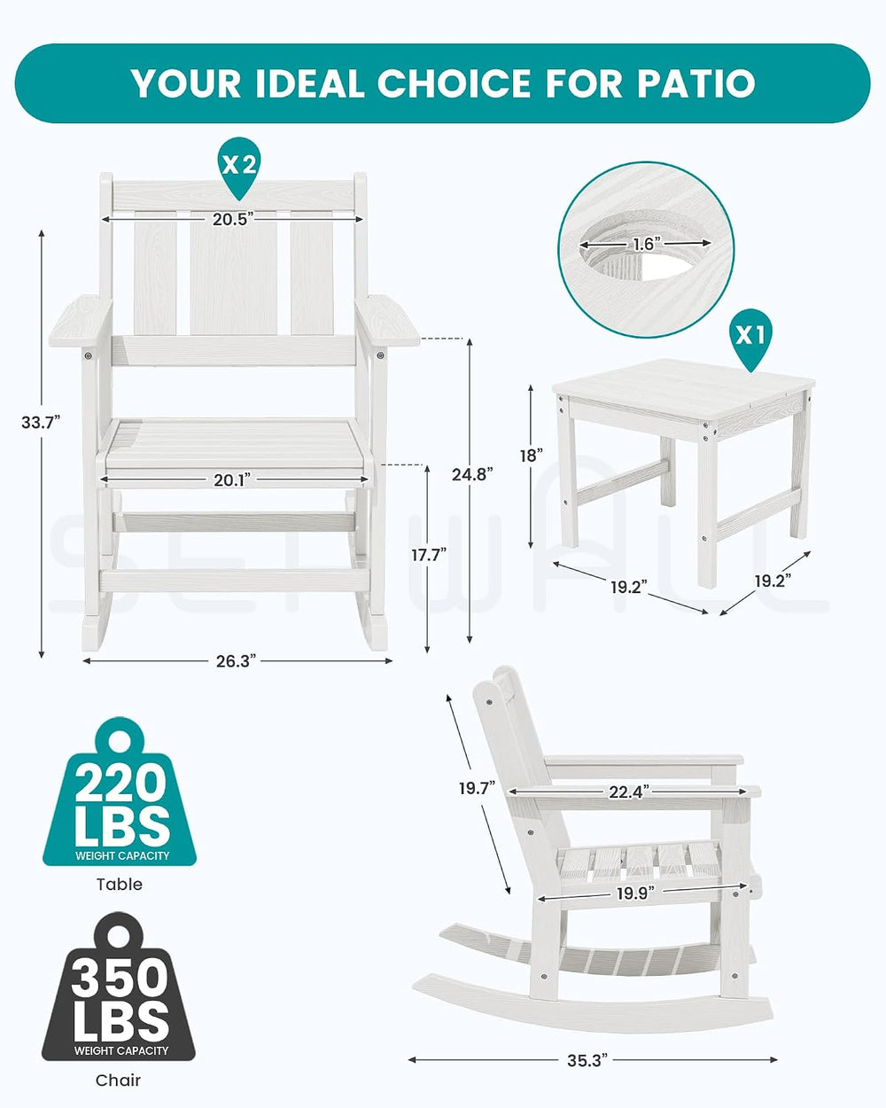 SERWALL 3-Piece Patio Furniture Set with 2 Rocking Chairs & Table, White