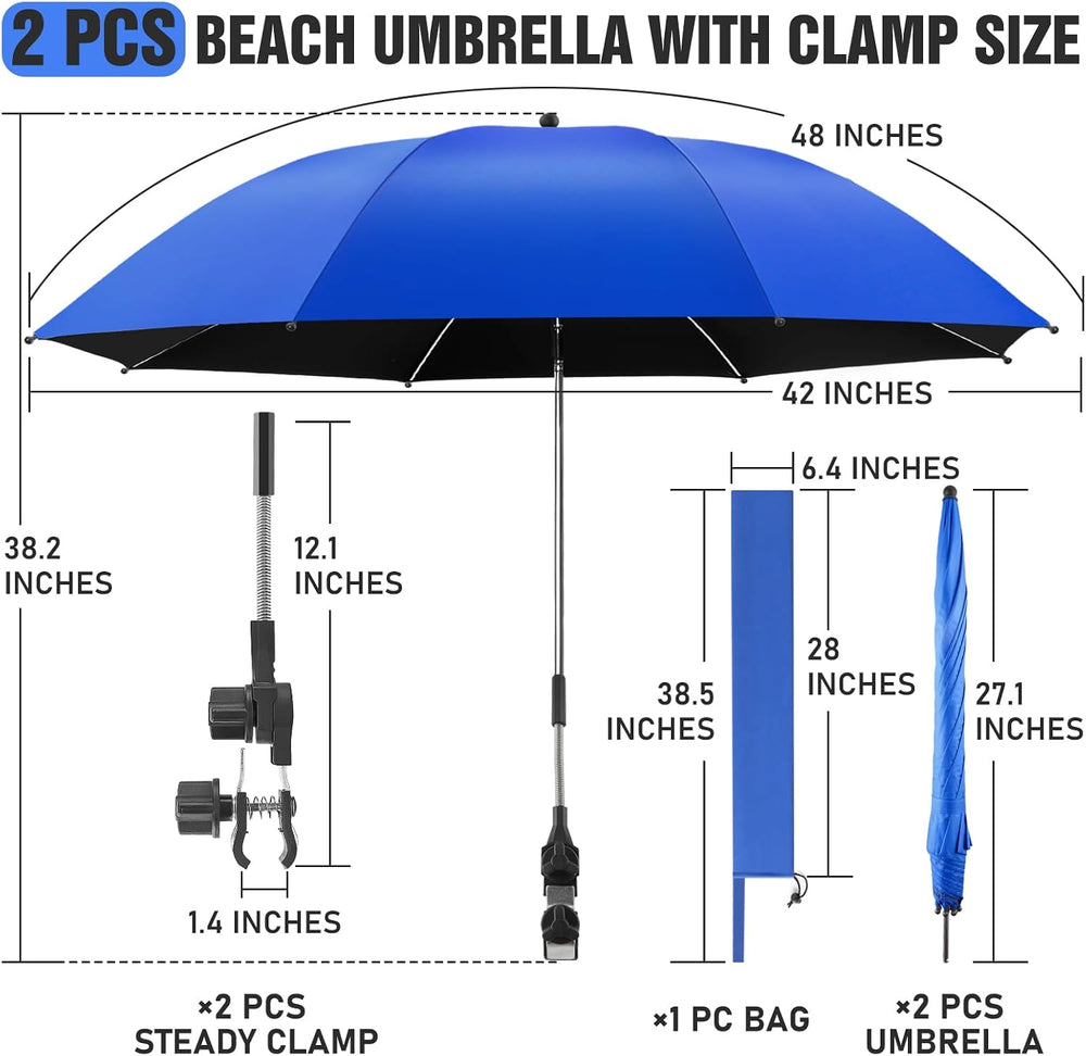 2 PACK Beach Umbrella with Clamp, 360 ° Adjustable Umbrellas for Chair, UPF50...