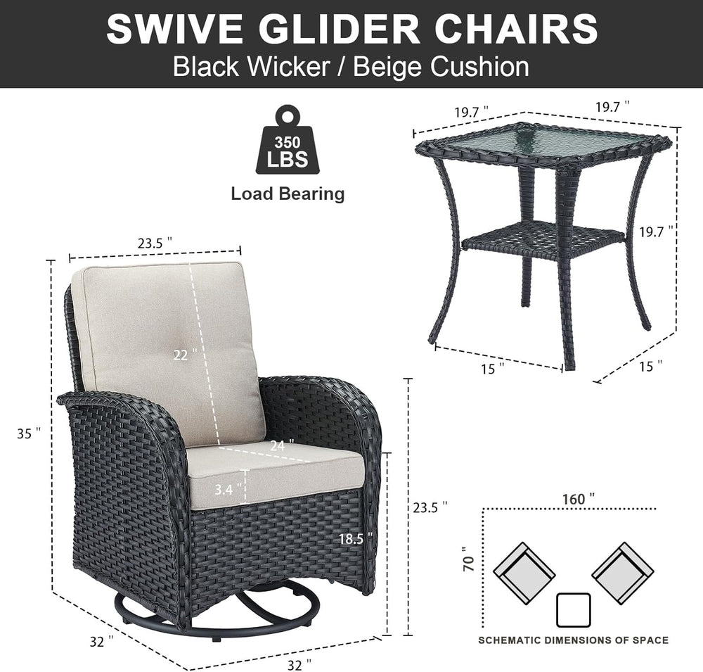 Belord 3 Pieces Black Wicker Patio Furniture Outdoor Swivel Rocker Patio Glid...