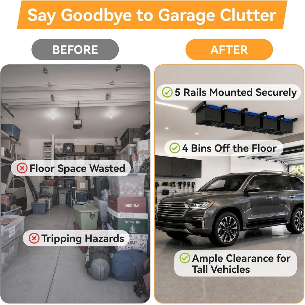 Garage Ceiling Storage Racks for 6 Bins, 17" Heavy Duty Steel Rails, Ove...