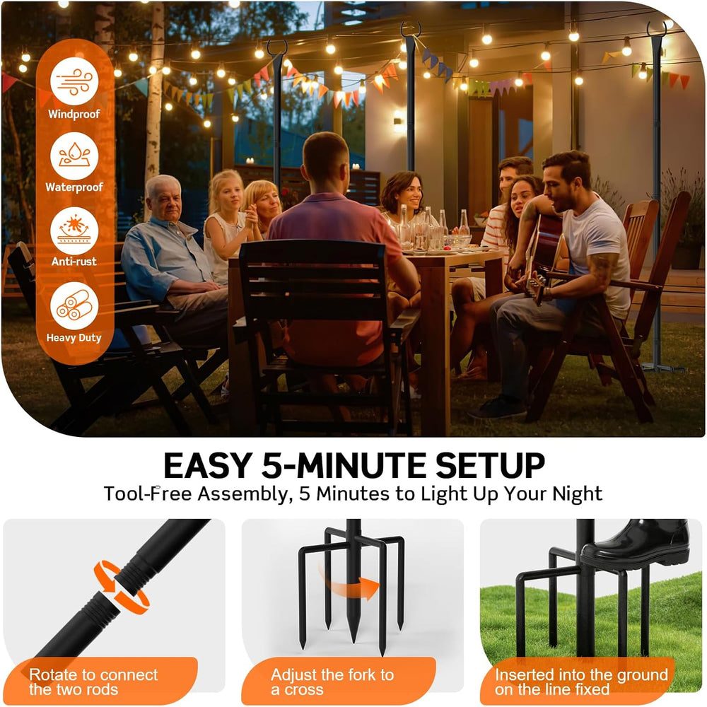 String Light Poles 4-Pack - 10FT, 5-Prong Base for Patio Deck