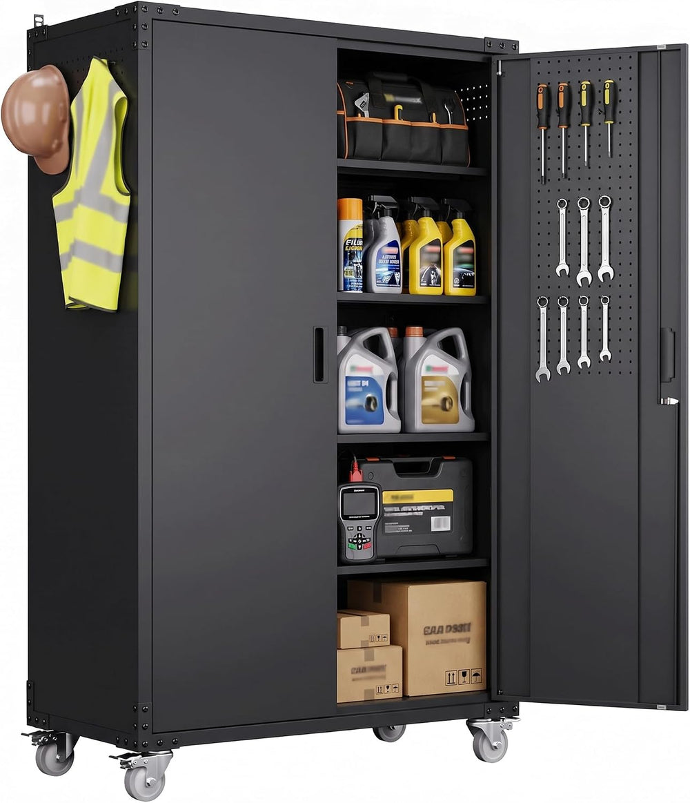 Upgraded Wide & Deep Metal Garage Storage Cabinet with Wheels,Black