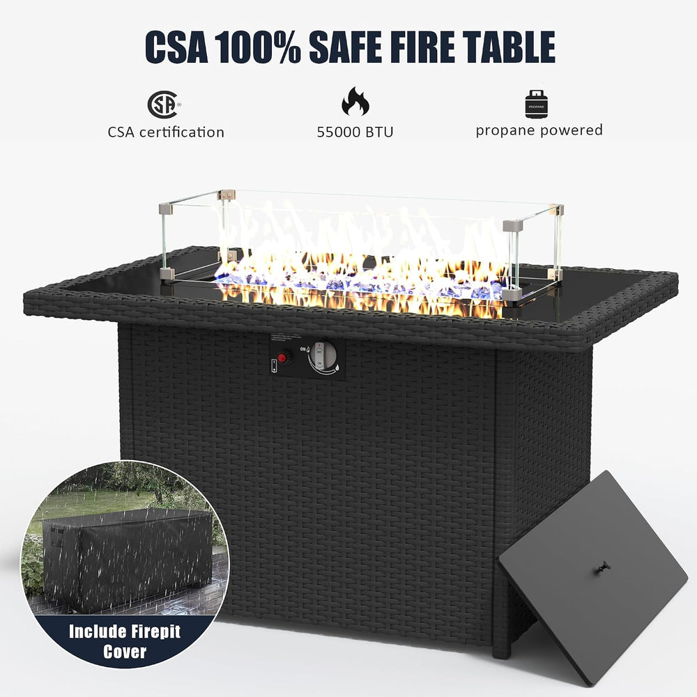 LayinSun 7 Pieces Outdoor Patio Furniture Set with Fire Pit Table, Rattan Wic...