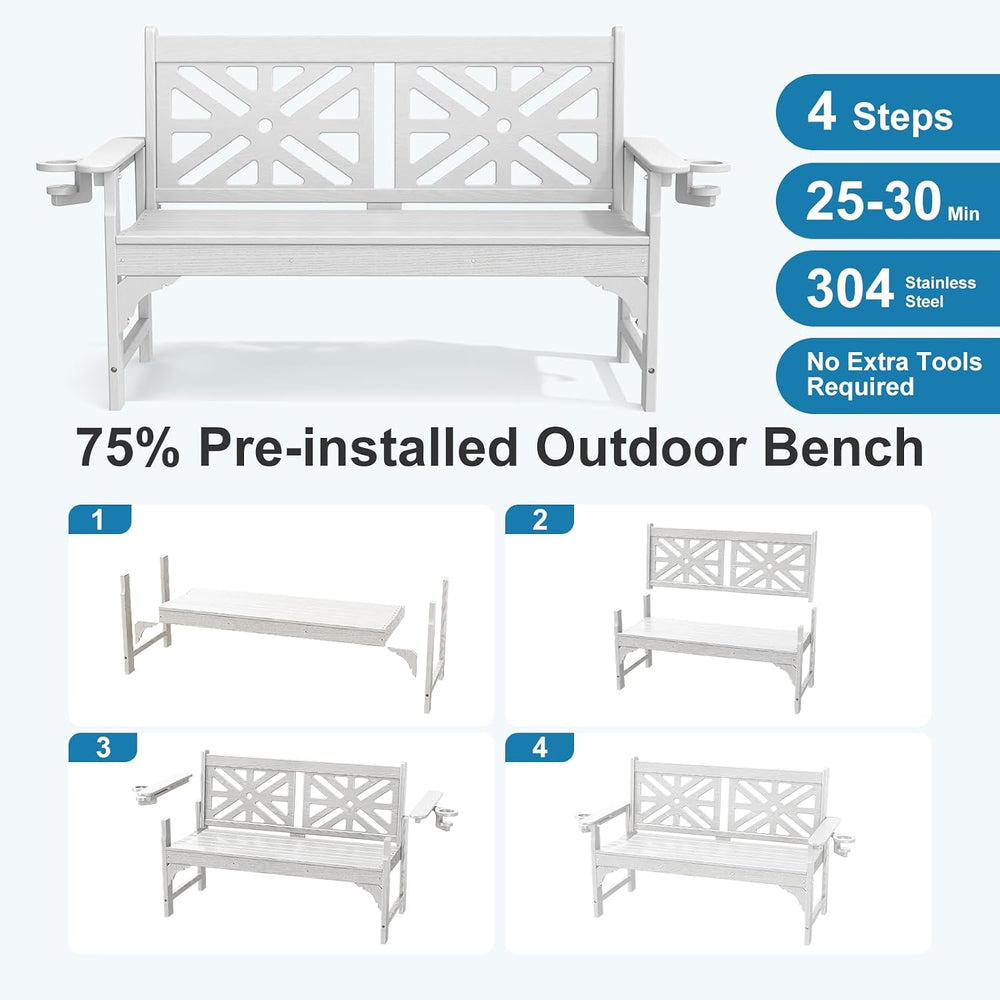 Oversized Outdoor Bench with Cup Holders, 51.5” HDPE Aesthetic Garden Bench f...