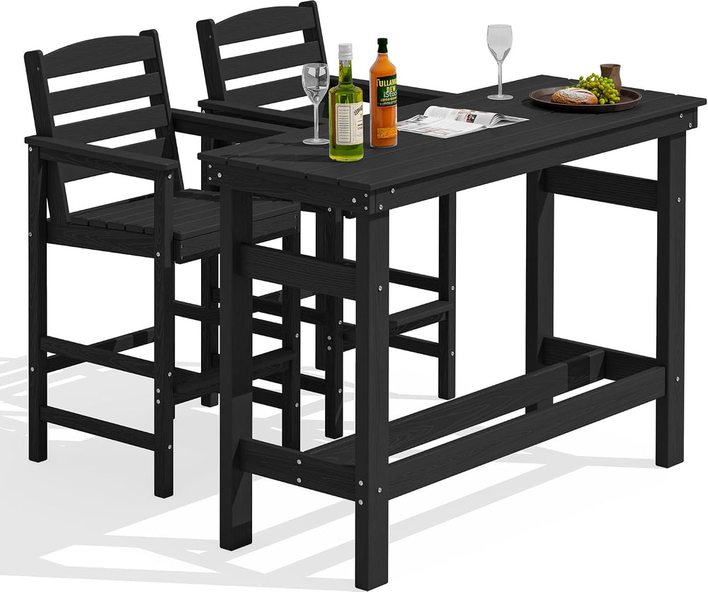 SERWALL Outdoor Bar Set, 2 Adirondack Bar Chairs & Bar Height Table, Black