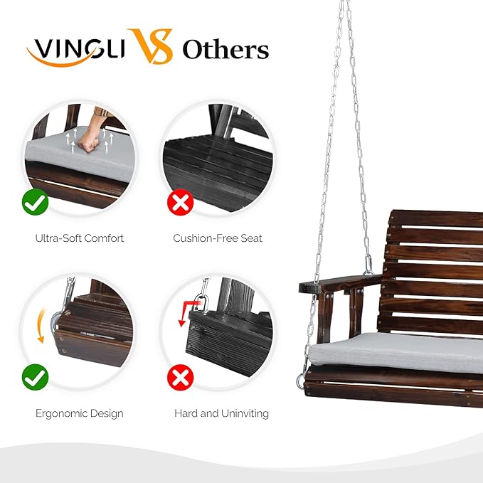 VINGLI Outdoor 4 FT Porch Swing, Heavy Duty 880 LBS Wooden Patio Swings with ...