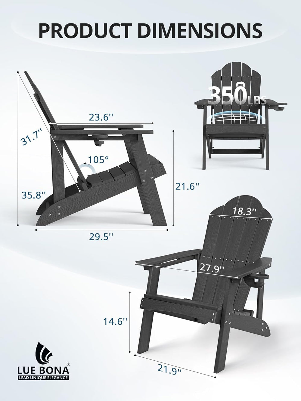 LUE BONA HDPE Adirondack Chairs Set of 2, Black Fire Pit Chairs