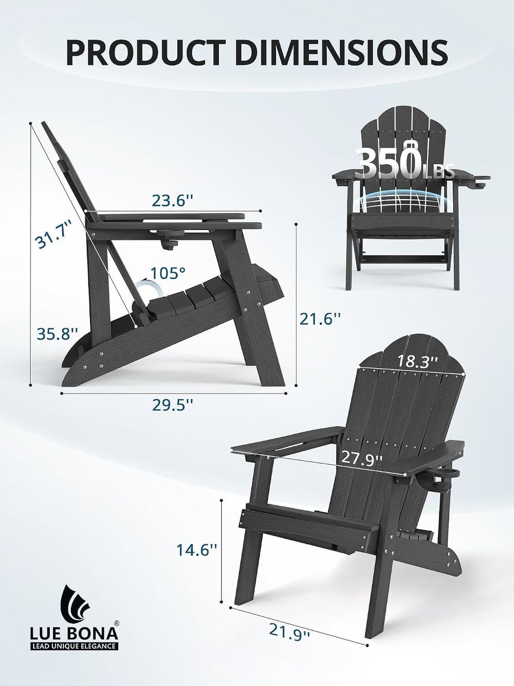 Set of 4 Adirondack Chairs with Hidden Cup Holders, High Back, Black