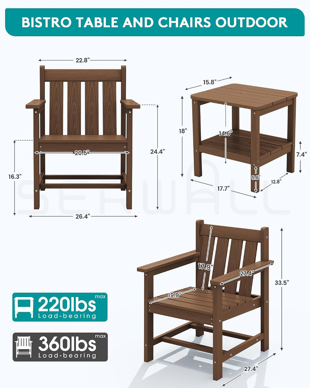 SERWALL 3 Pieces Patio Bistro Set-Outdoor Chairs with Side Table,Brown